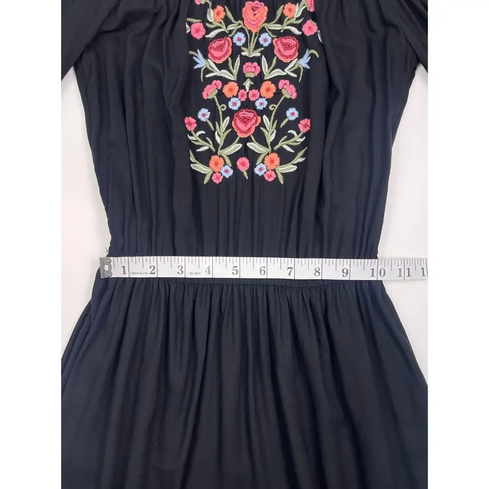 Hollister Size XS Black Floral Embroidered Long‑Sleeve Babydoll Dress - Picture 11 of 13